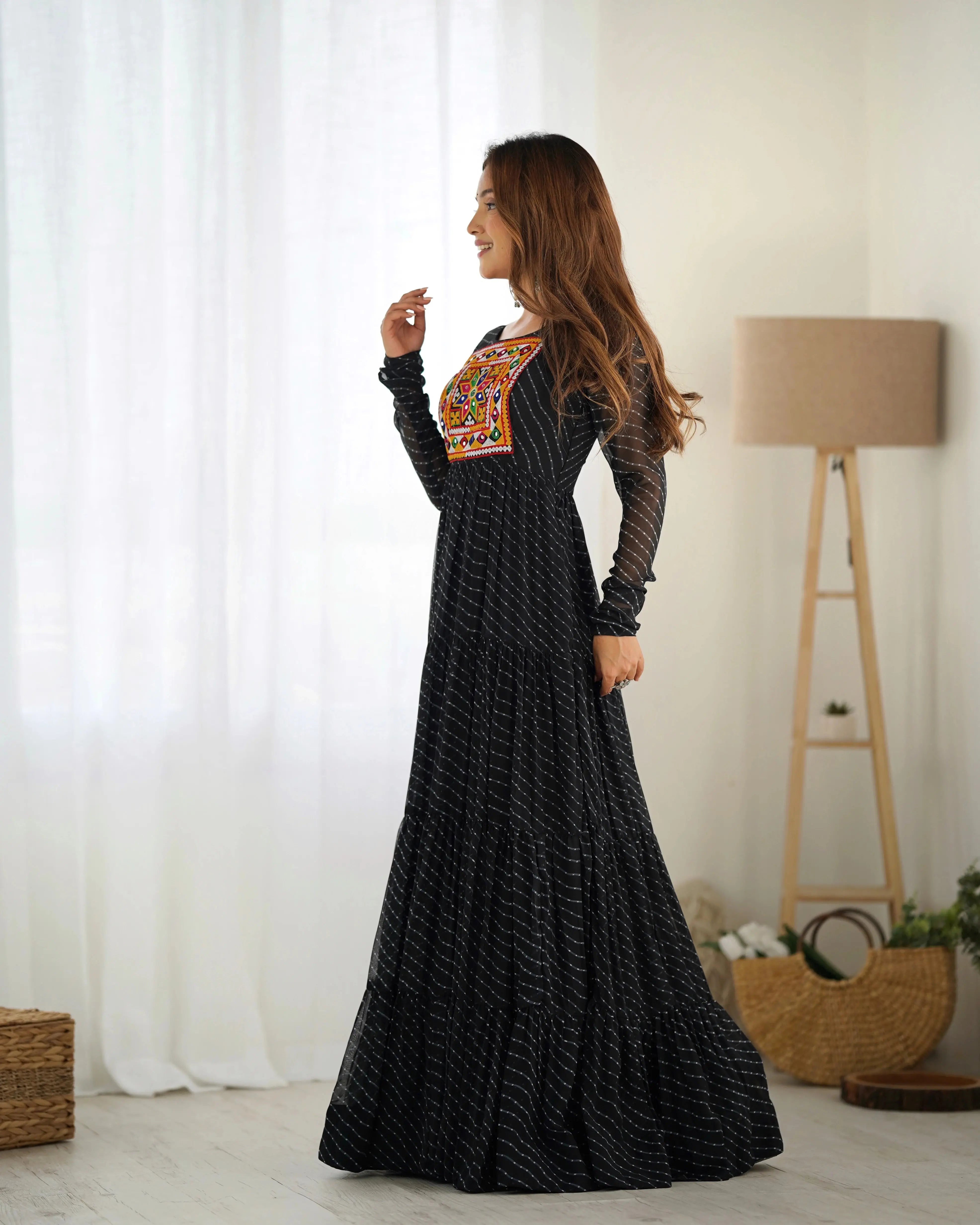 Black Gamthi with Laheriya Print Fox Georgette Gown - kalyanja